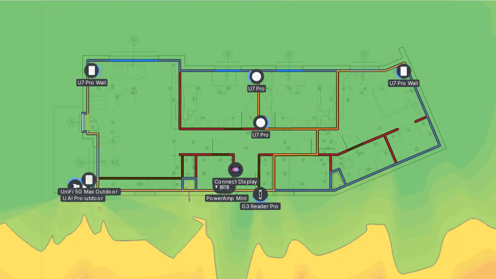Mapa zasięgu Wi-Fi 5 GHz w mieszkaniu z rozmieszczeniem punktów dostępowych Ubiquiti