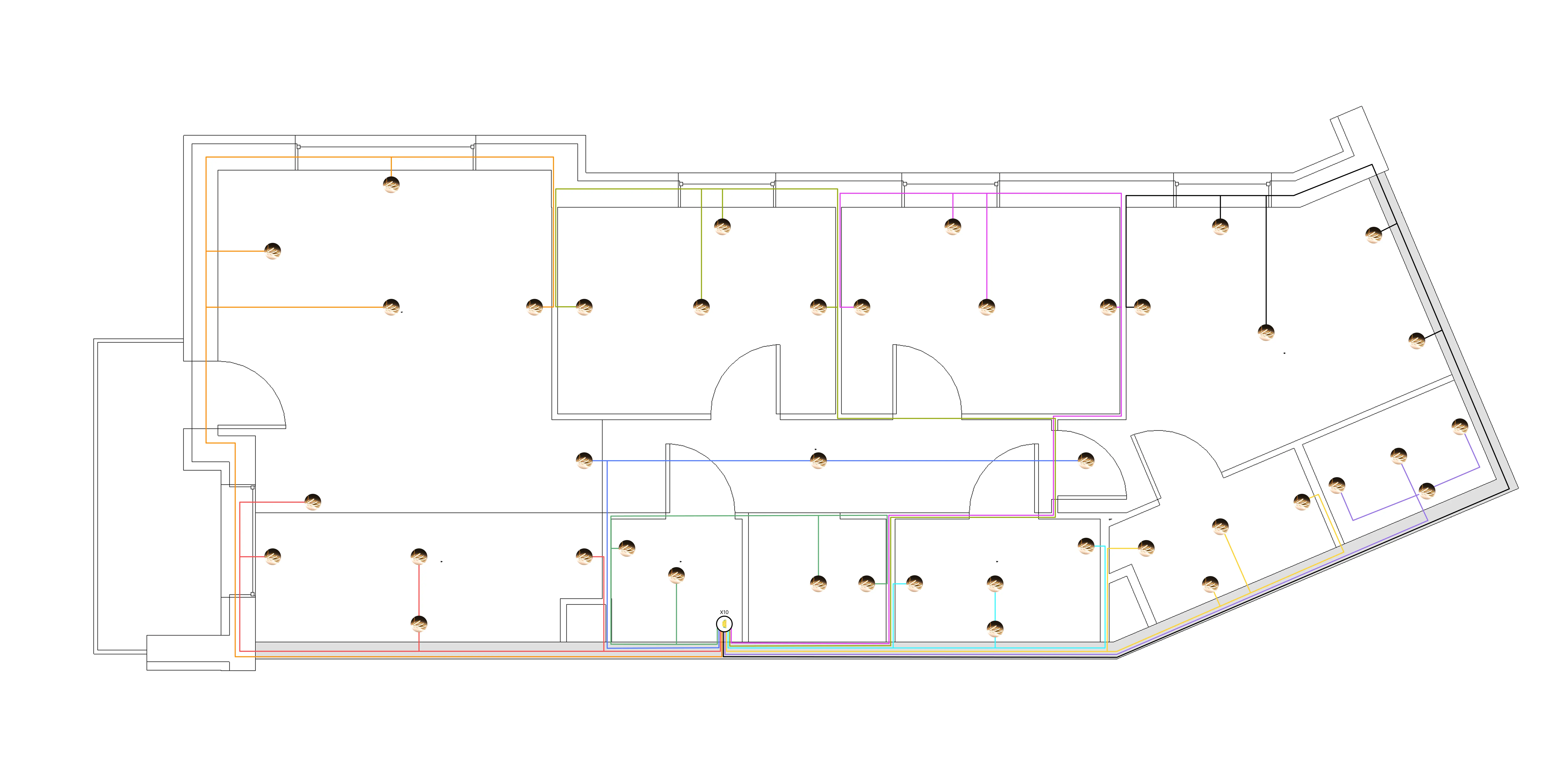 Projekt oświetlenia na rzucie mieszkania z rozmieszczeniem punktów świetlnych