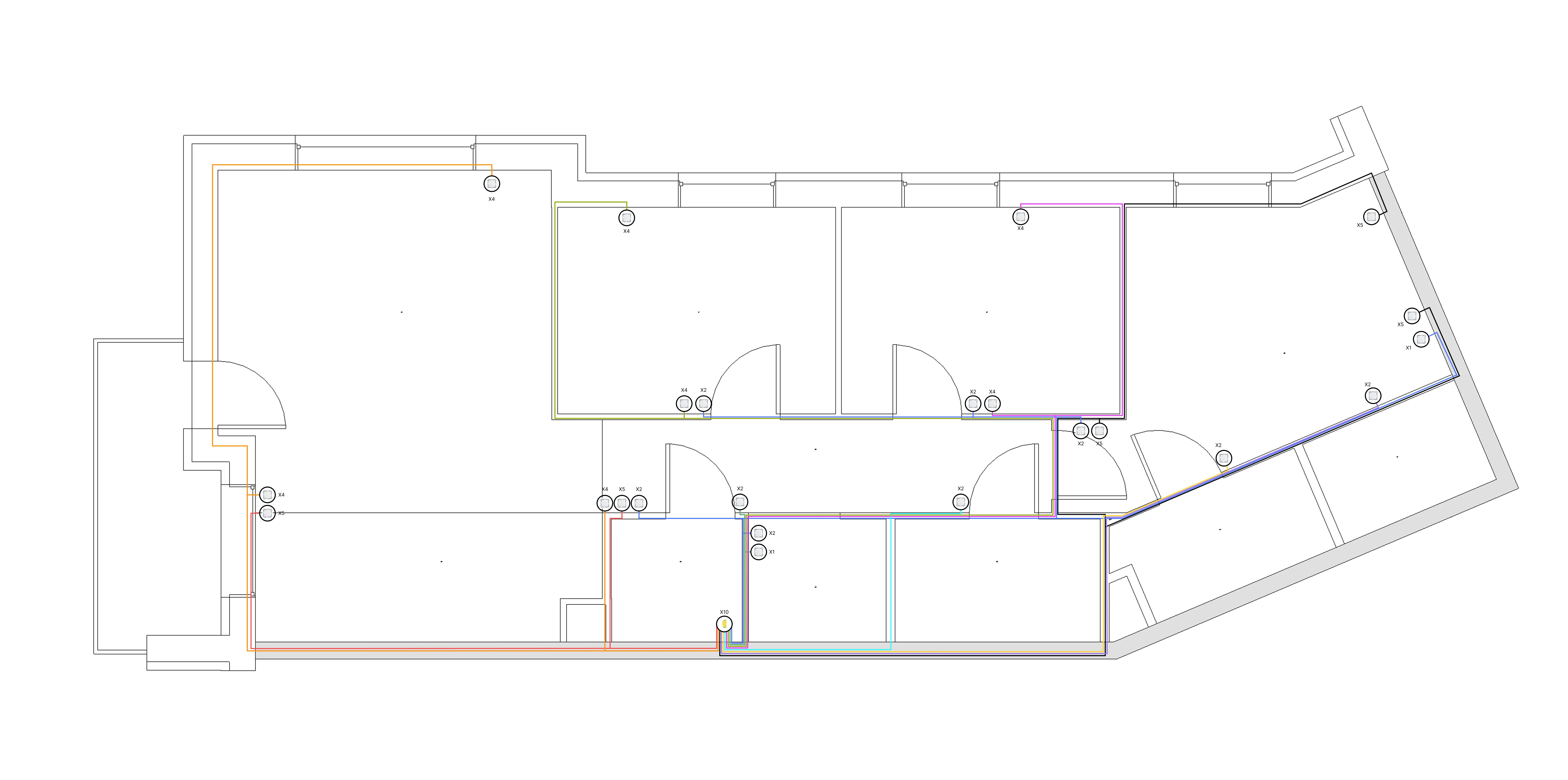 Schemat sterowania oświetleniem na rzucie z podziałem na obwody i linie sterujące