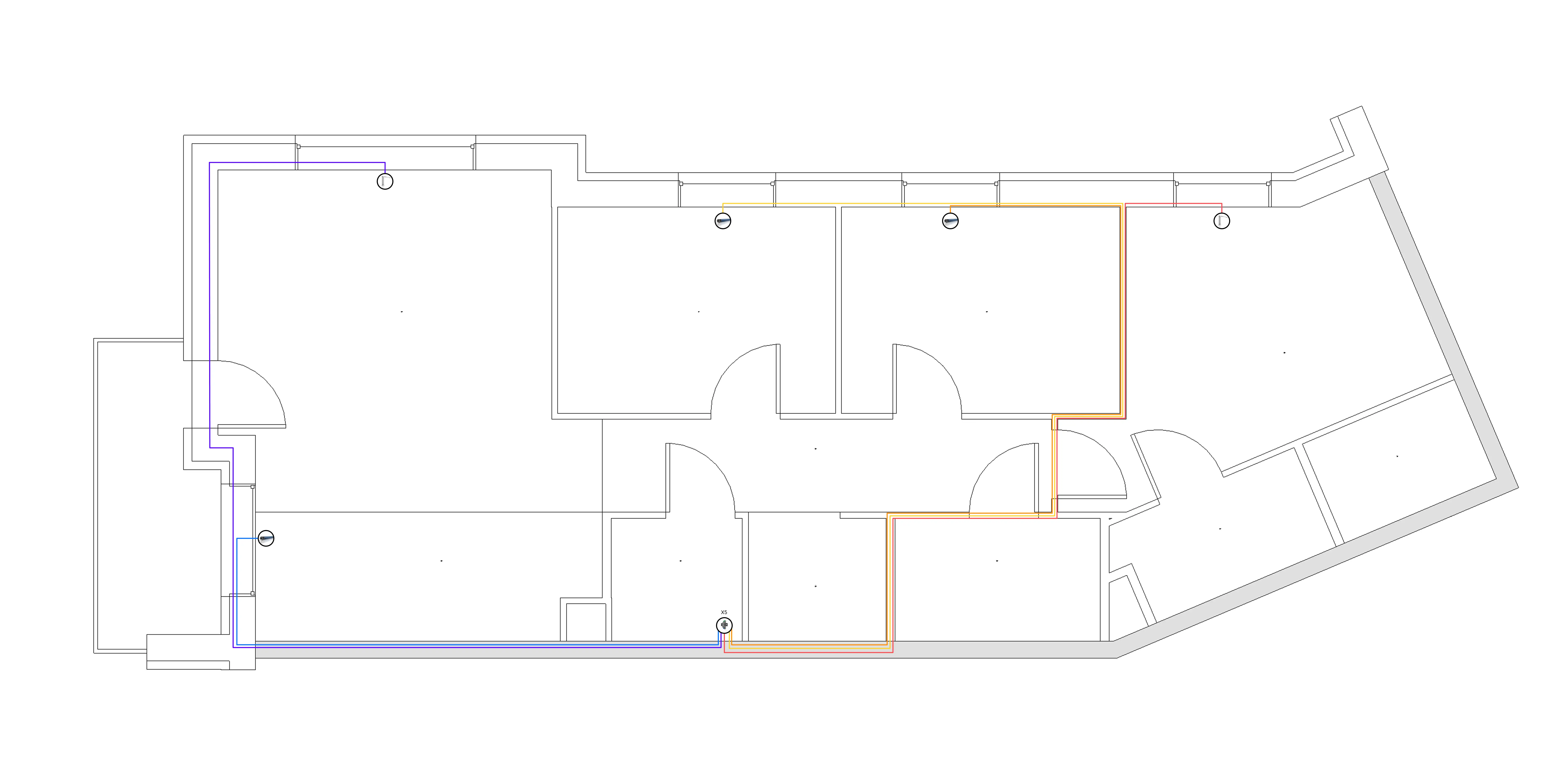 Schemat sterowania zasłonami elektrycznymi na rzucie mieszkania
